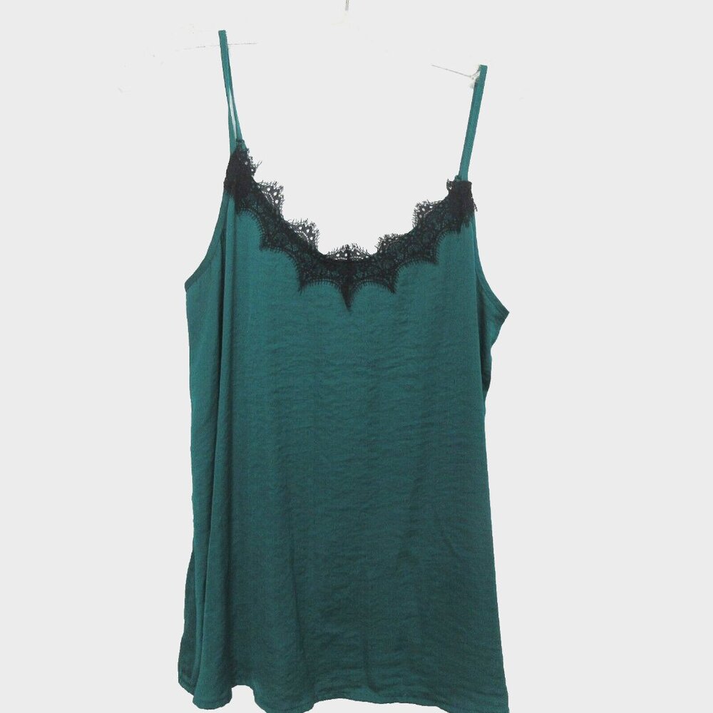 Apt 9 Womens Camisole Sz M Emerald Green Silky Black Lace Adjustible Straps Cami